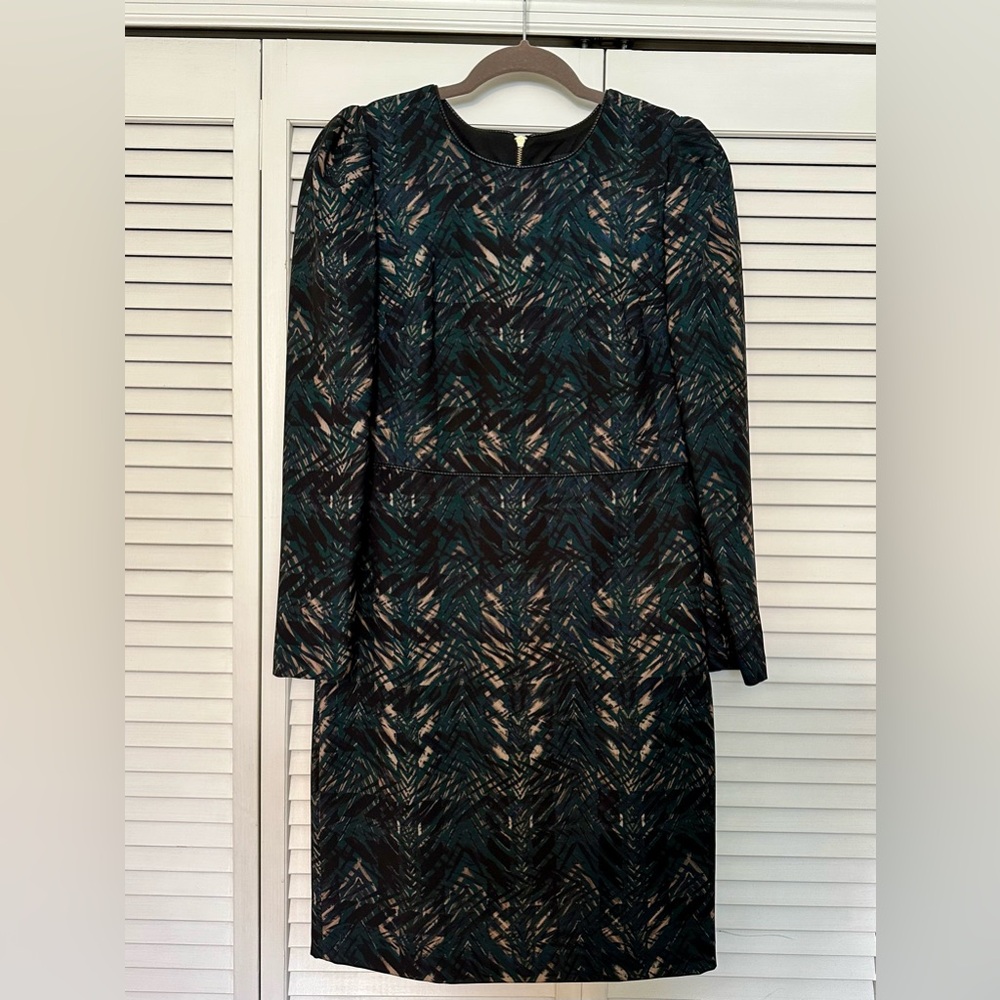 Donna Karan Teal, Black, and Cream Long-Sleeve Patterned Dress